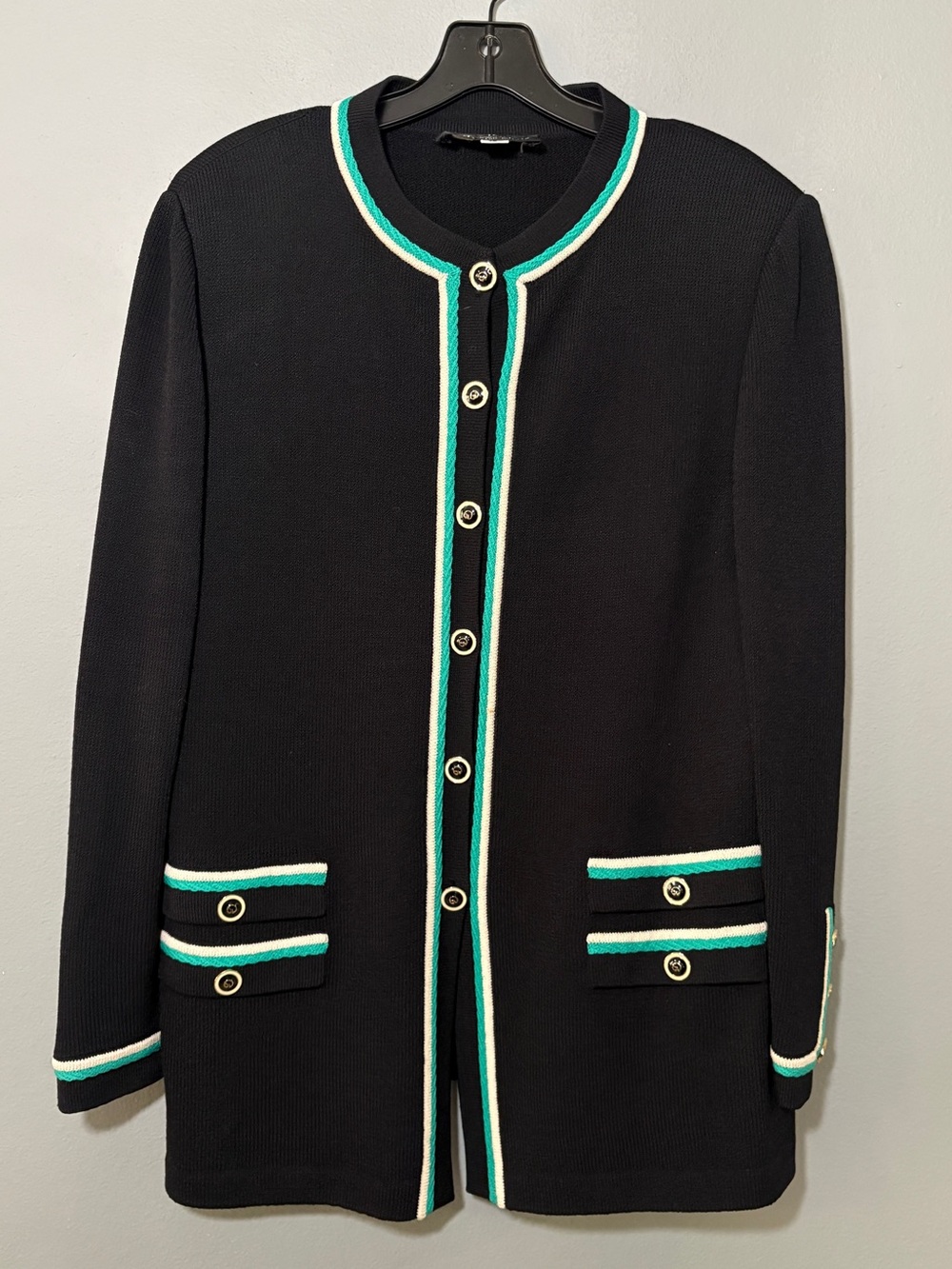 St. John Black Knit Jacket with Green & Cream Trim
